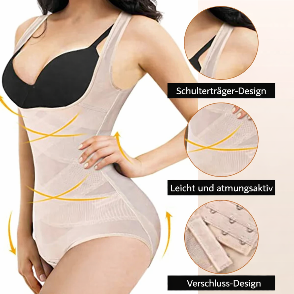 Close-up of a model wearing a beige shapewear bodysuit highlighting features