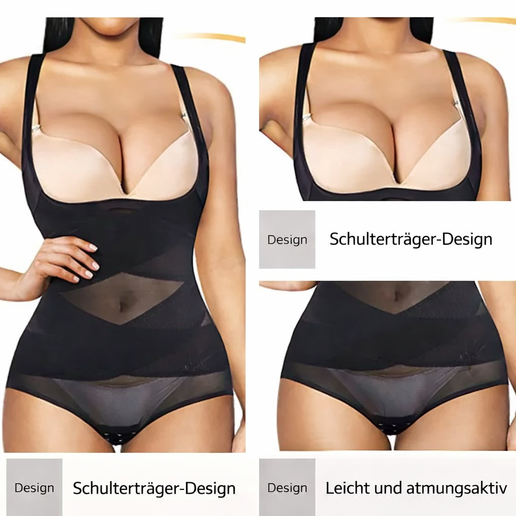 Close-up details of shoulder straps and mesh panels on a black shapewear bodysuit