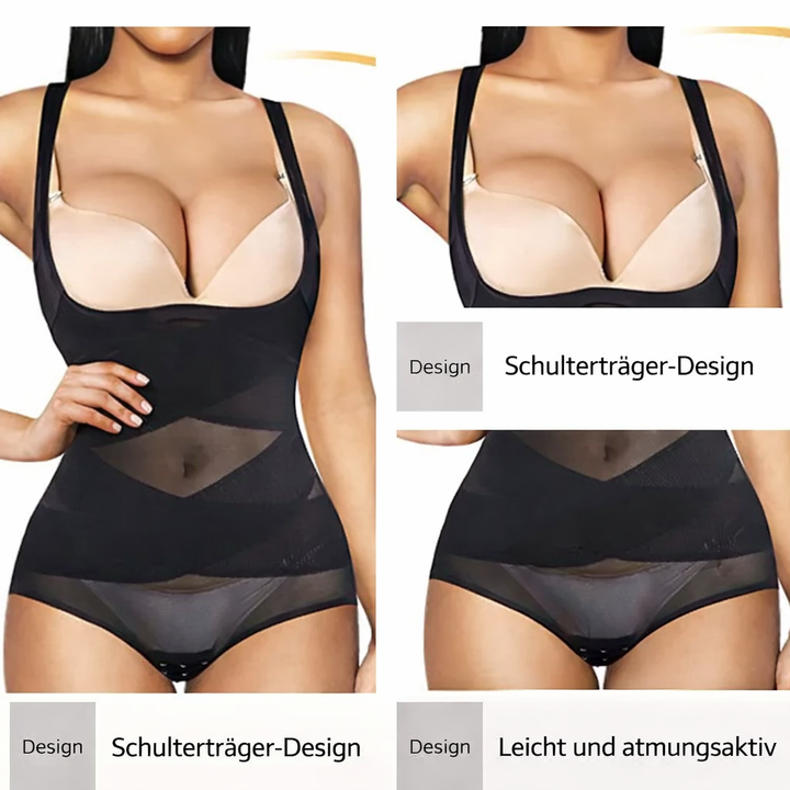 Close-up details of shoulder straps and mesh panels on a black shapewear bodysuit