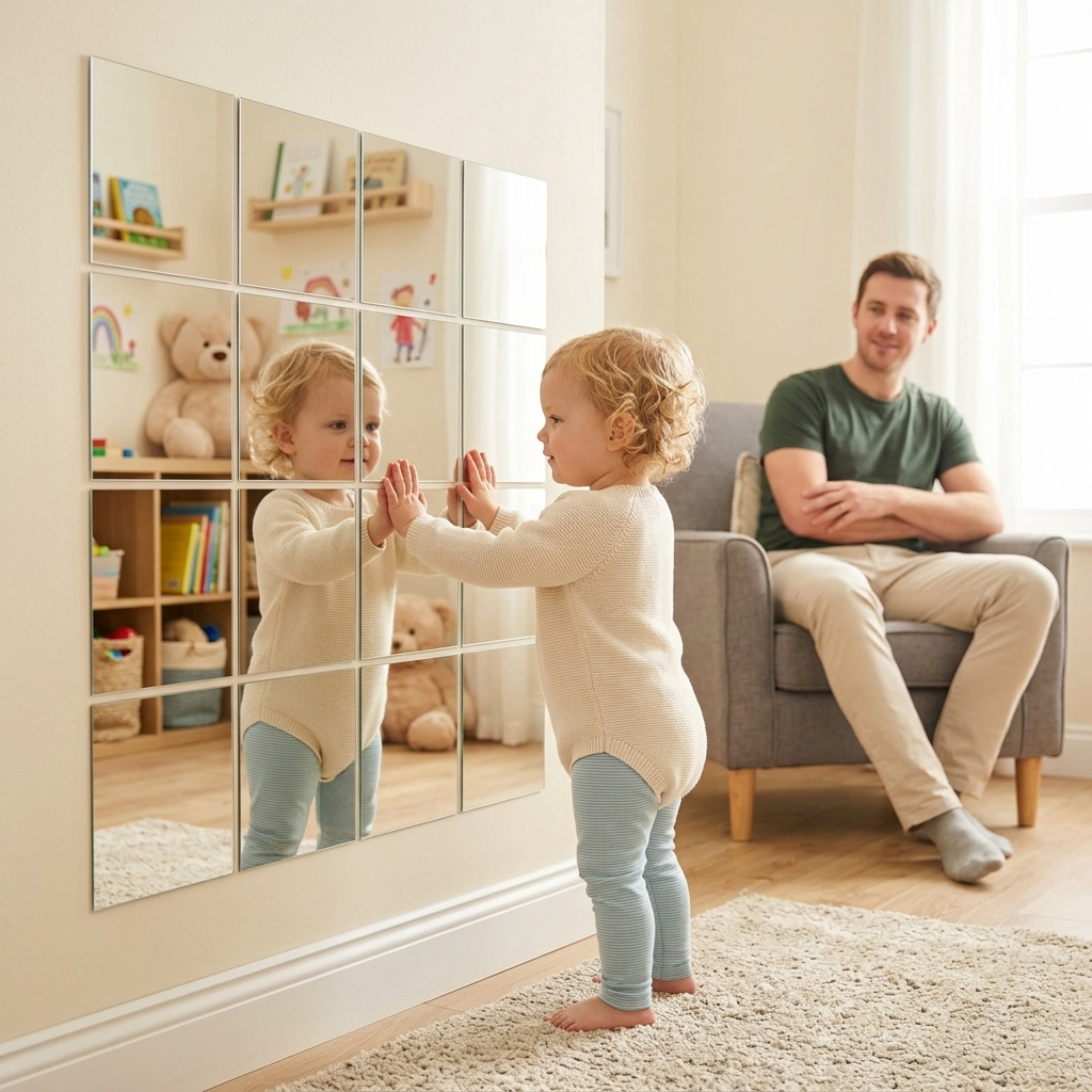 Toddler looking into shatterproof wall mirror tiles in a modern living room