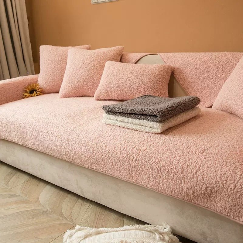 Close-up of premium plush fabric on non-slip sofa cover highlighting soft texture and durability