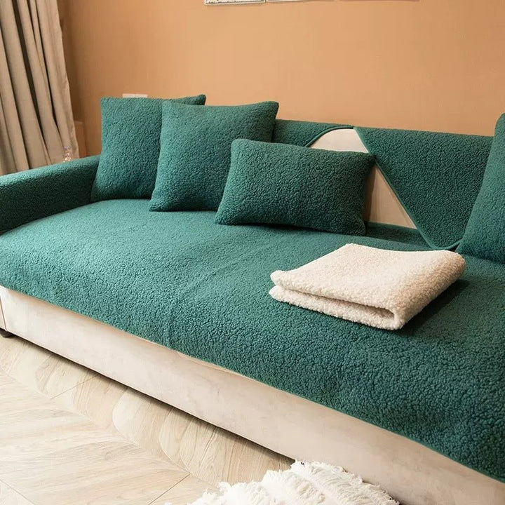 Plush non-slip sofa cover displayed neatly to show furniture fit and modern living room style