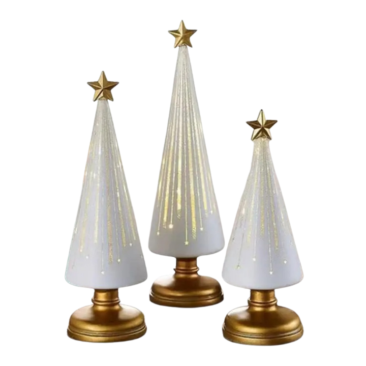 White gradient LED Christmas tree light with gold star topper on a white background