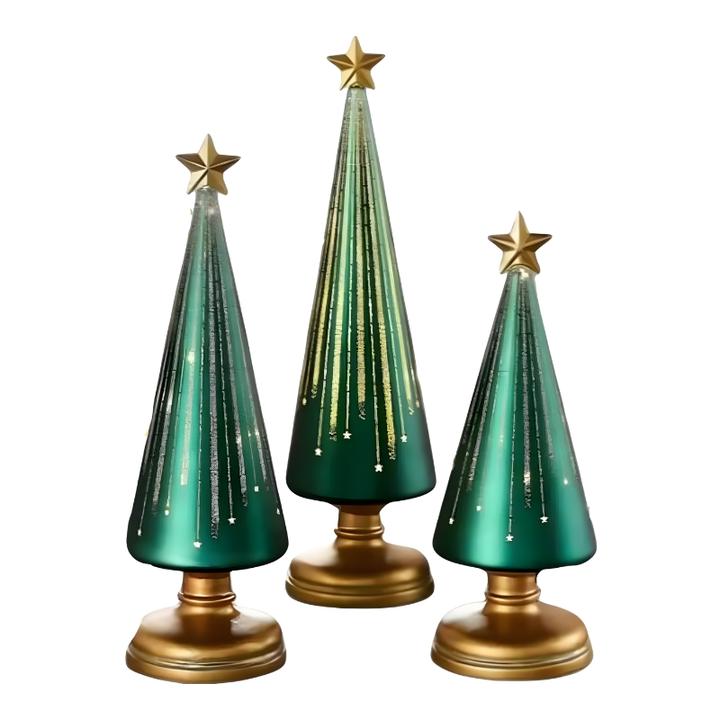Green gradient LED Christmas tree light with gold star topper on a white background