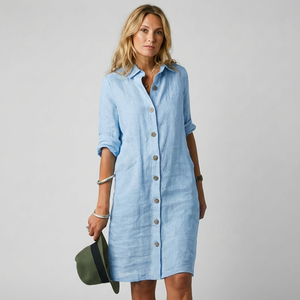 Model wearing light blue button front midi shirt dress holding a hat