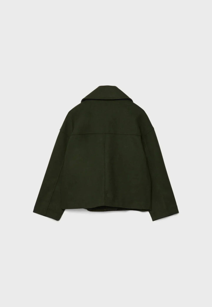 Cropped silhouette on a sophisticated double breasted outerwear essential