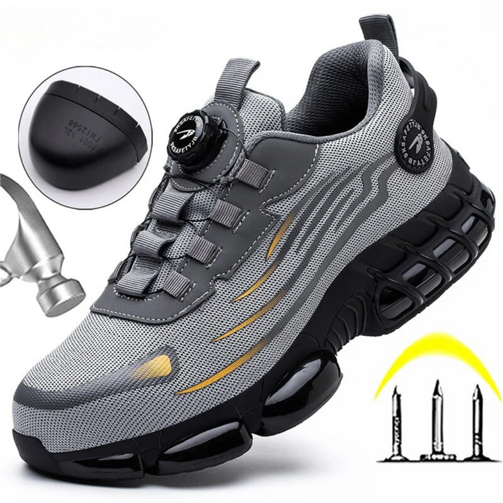 Men's grey steel-toe safety shoe displaying breathable mesh upper and protective features