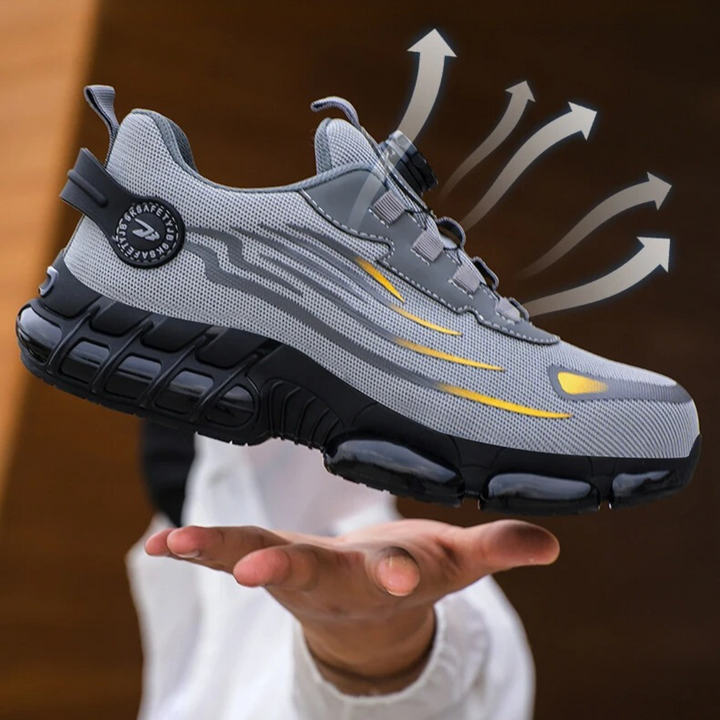 Mens orthopedic steel-toe safety work shoes side view displaying industrial tread sole