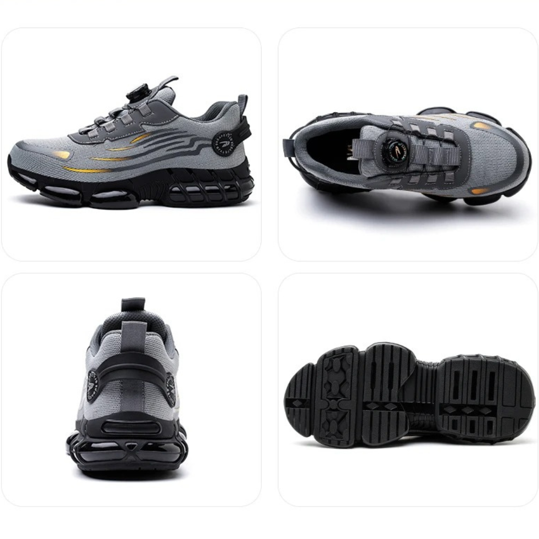 Pair of mens steel toe safety shoes and work footwear arranged together