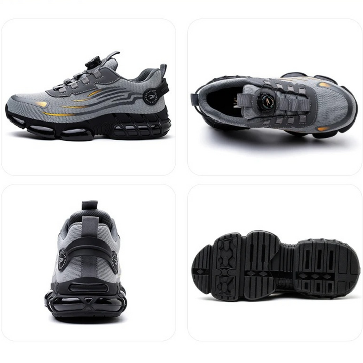 Pair of mens steel toe safety shoes and work footwear arranged together