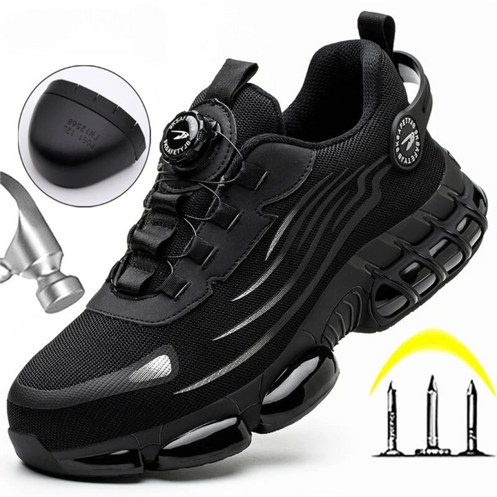 Men's black steel-toe safety shoe with quick-lace knob and puncture-resistant sole demonstration
