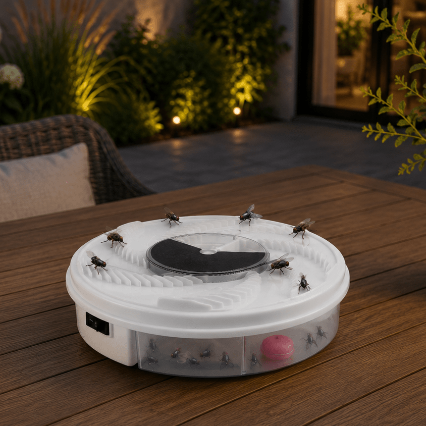 Silent electric fly catcher operating on an outdoor wooden table with trapped insects visible inside the transparent base.