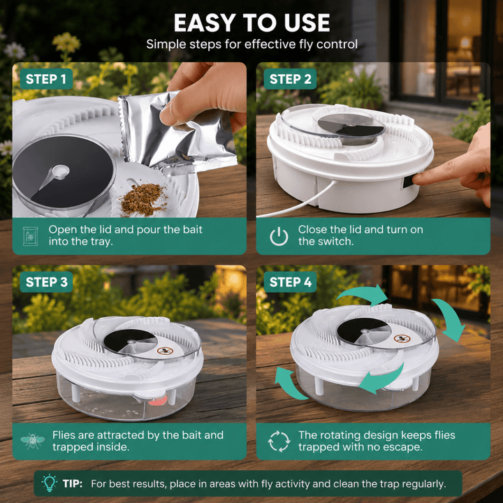 Four-step instructional guide showing how to bait, turn on, and use the automatic fly catcher.