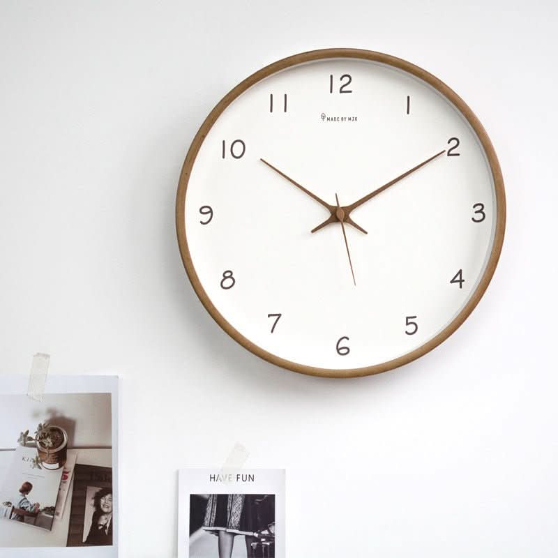 Silent analog wall clock with natural solid wood finish