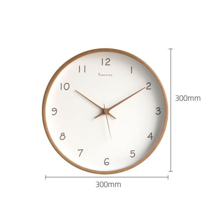 Hanging round wooden analog clock on a neutral wall