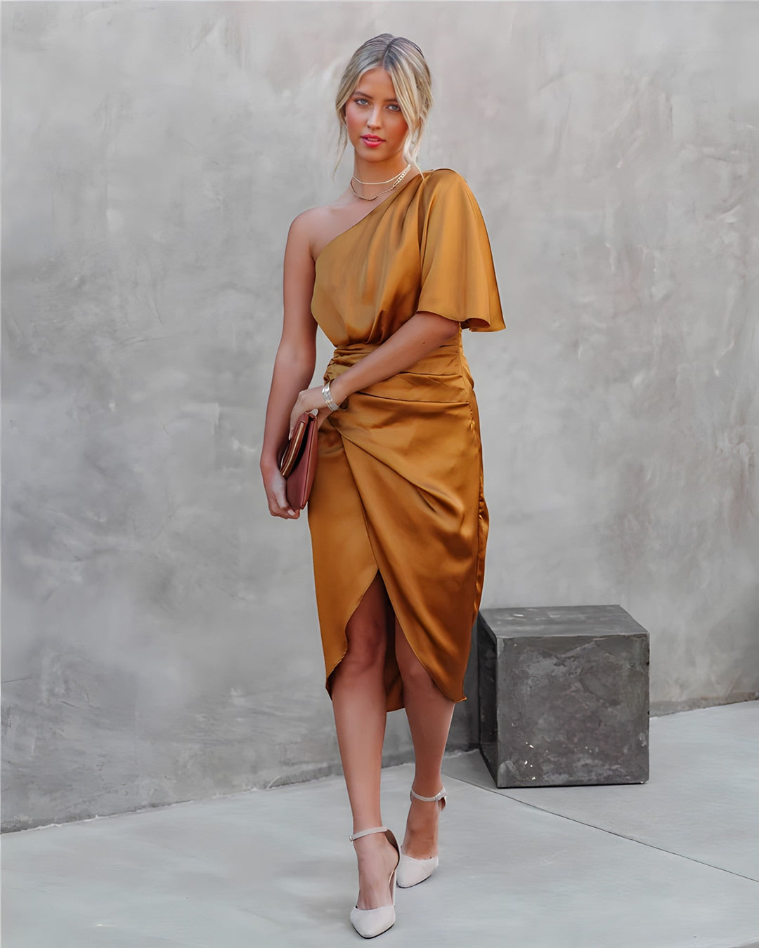 Stylish one shoulder neckline of womens Amara evening dress