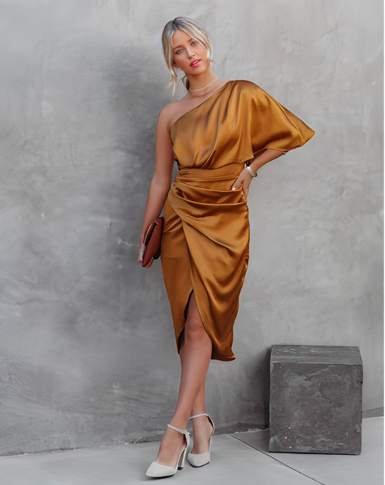 Amara silk party dress displayed on mannequin for formal wear
