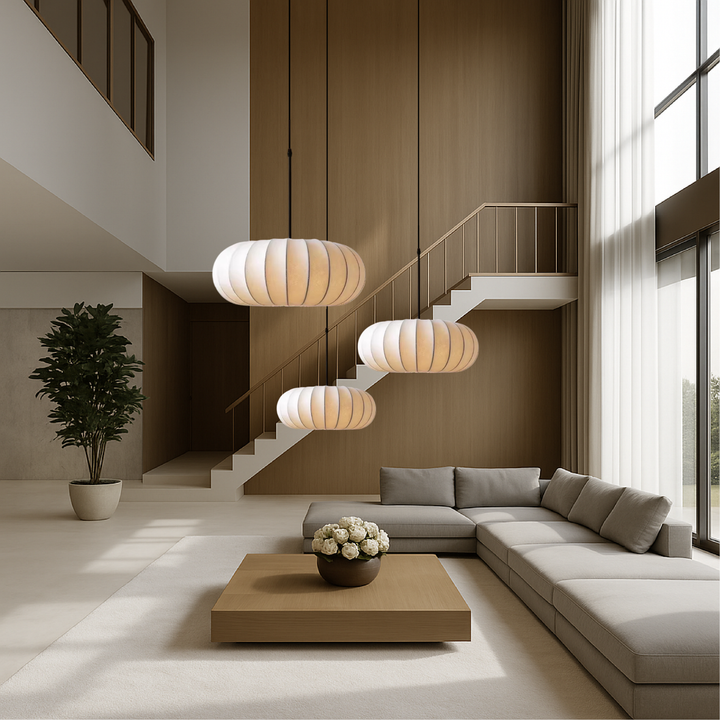 Elegant hanging lamp with silk shade showcasing modern interior home lighting design
