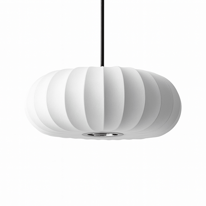 Detailed view of white silk lighting material on modern minimalist pendant lamp