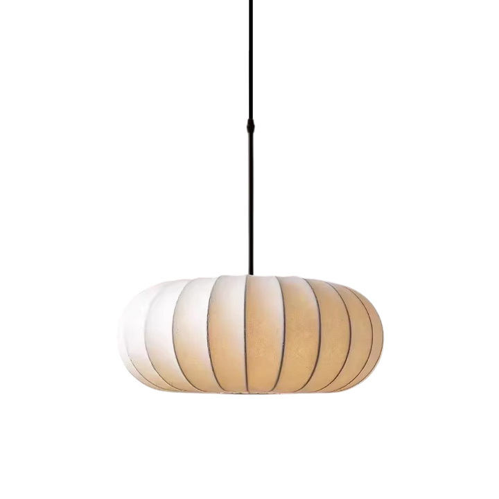 Modern silk pendant lamp hanging against a white background