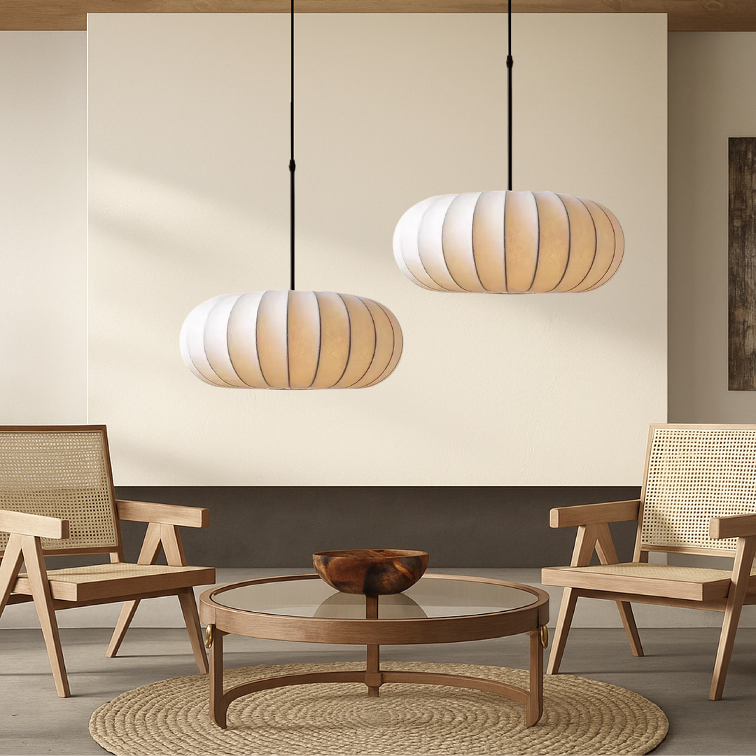 Warm LED silk pendant lamp glowing softly as contemporary interior decor element