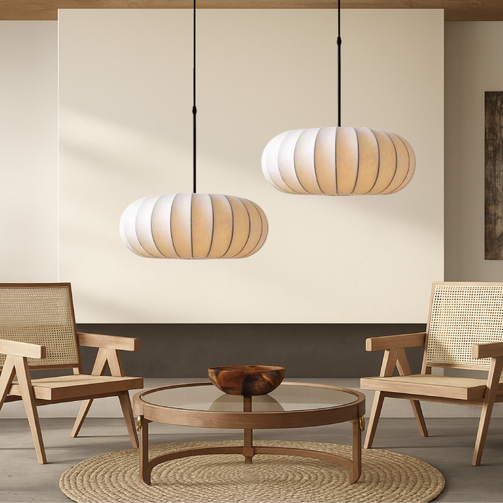 Warm LED silk pendant lamp glowing softly as contemporary interior decor element