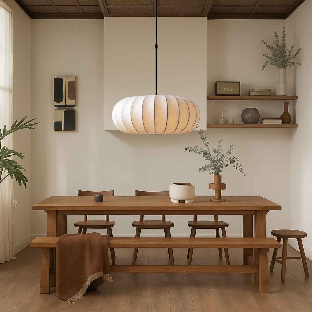 Silk pendant lamp illuminating a modern minimalist dining room