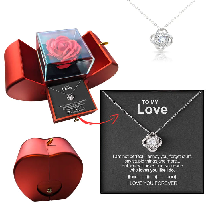 Womens jewelry gift box showcasing a stunning heart pendant and eternal flower