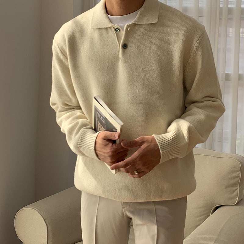 Mens button polo sweater in ribbed knit texture, long sleeve smart casual wear