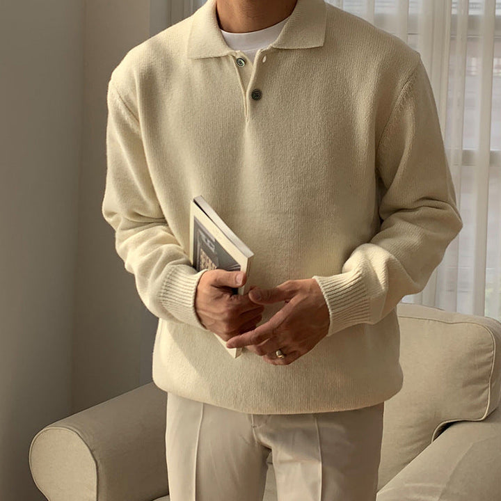 Mens button polo sweater in ribbed knit texture, long sleeve smart casual wear