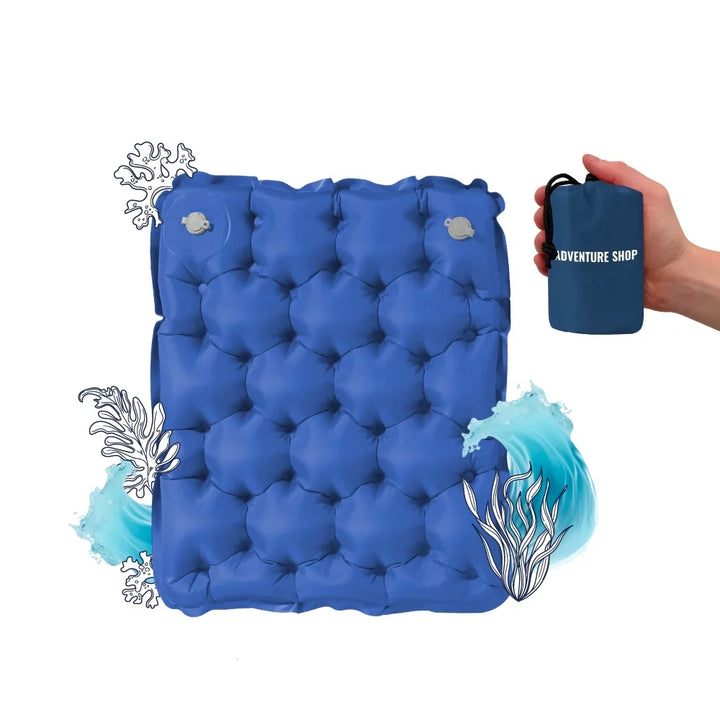 Lightweight backpacking gear seat cushion inflated and ready to use