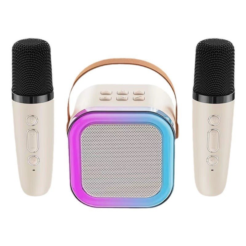 Colorful kids karaoke machine bluetooth speaker set on white background