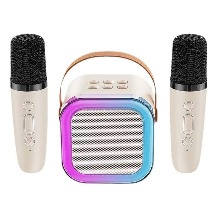 Colorful kids karaoke machine bluetooth speaker set on white background