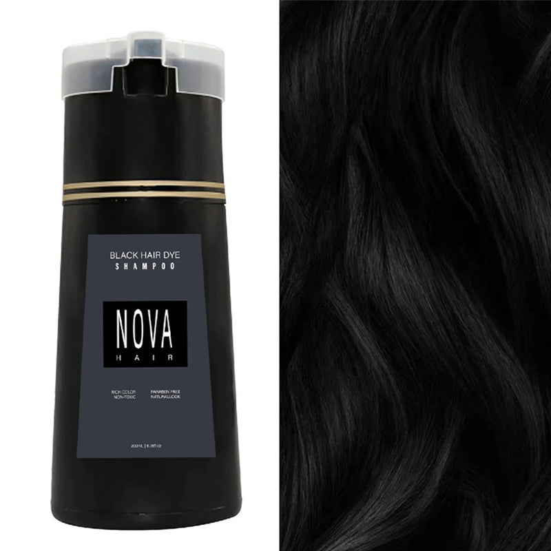Black colour shampoo bottle next to dark glossy hair