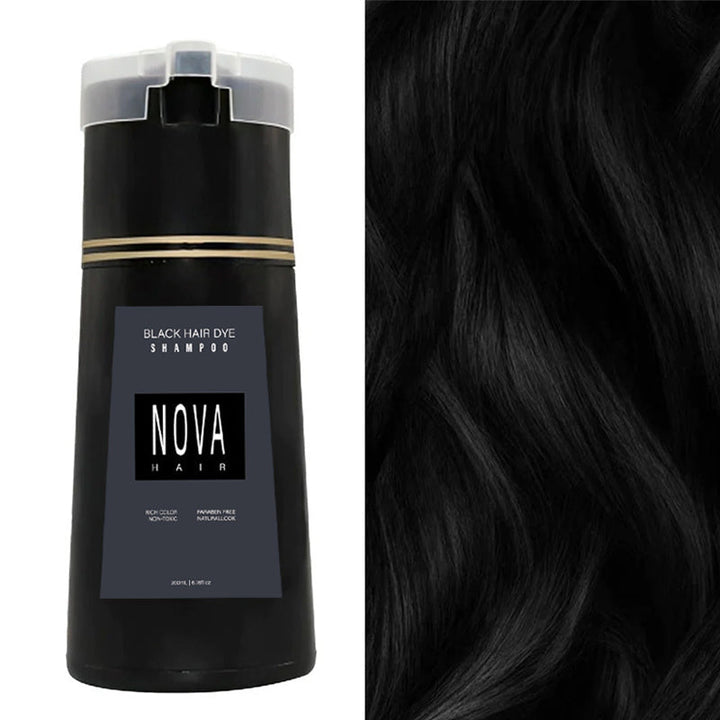 Black colour shampoo bottle next to dark glossy hair