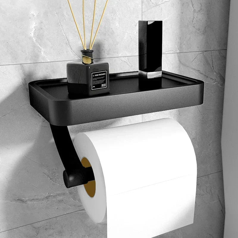 Black Stalux toilet roll holder with shelf mounted on tile wall