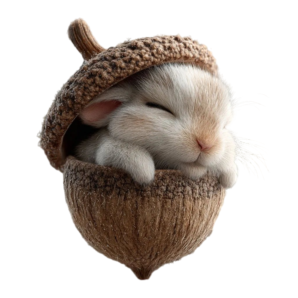 Cute sleeping rabbit figurine nestled inside a textured acorn shell ornament