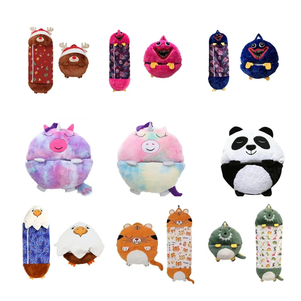 Collection of various plush animal sleeping bags in multiple character styles and colours
