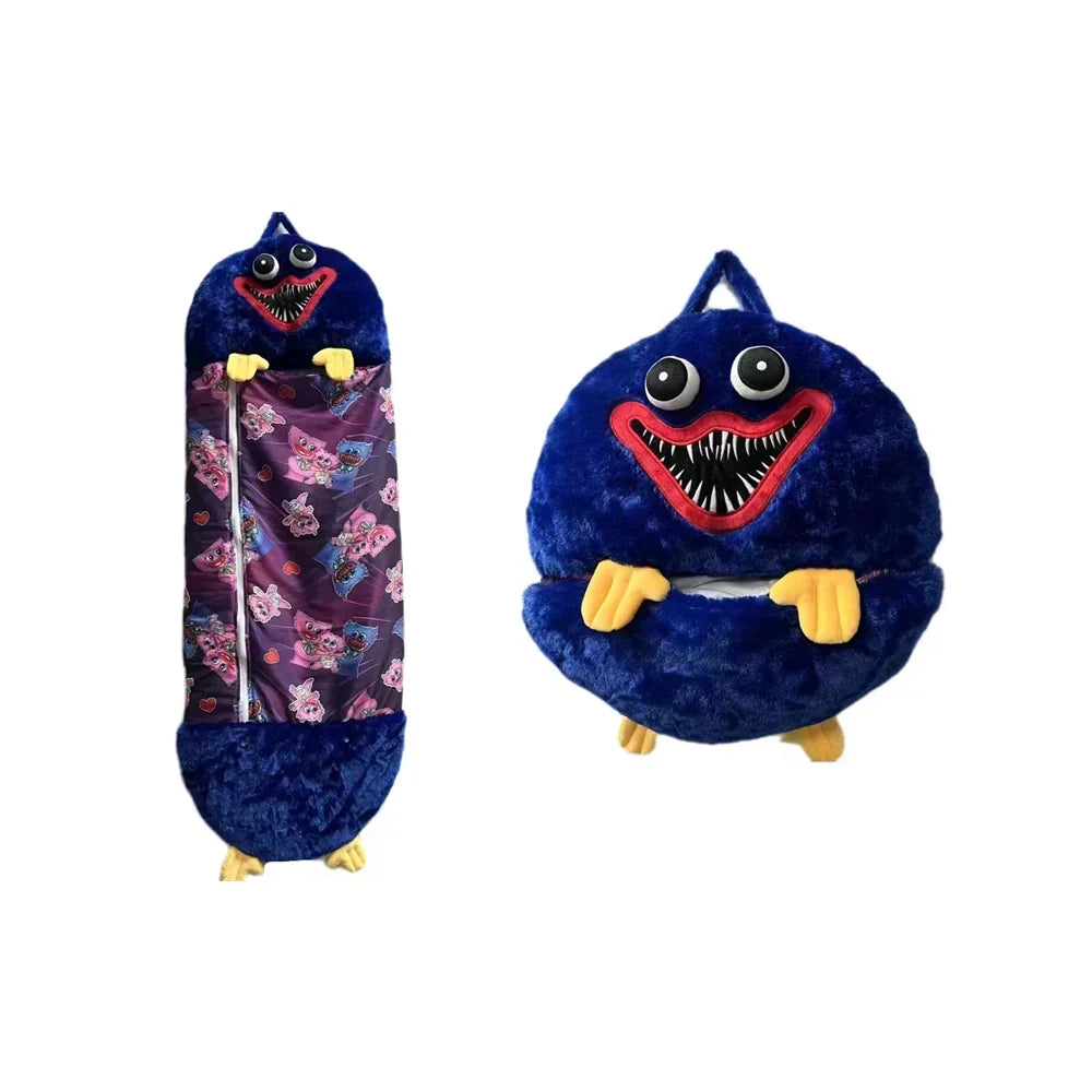 Blue plush animal sleeping bag and folded pillow version with monster face design