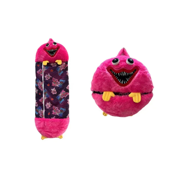 Pink plush animal sleeping bag and folded pillow version with monster face design