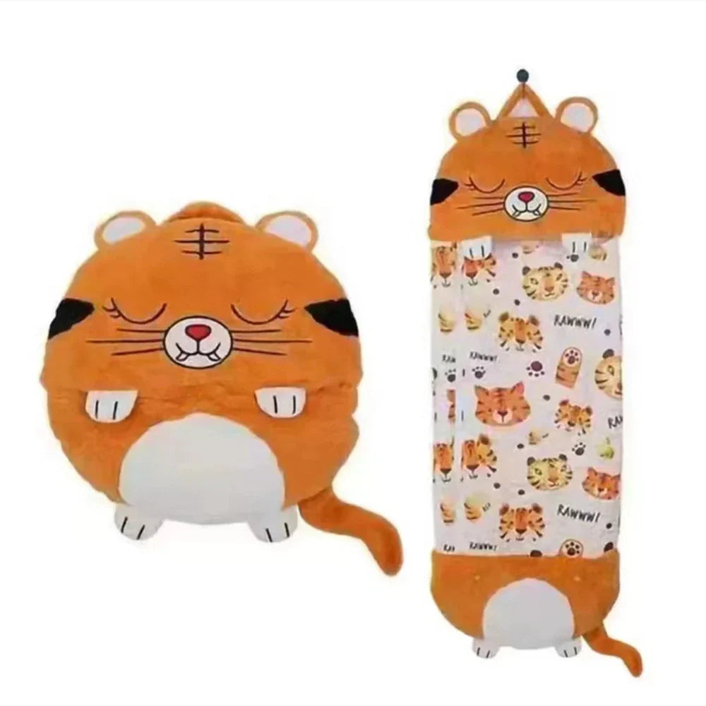 Child relaxing inside a soft stuffed animal nap mat