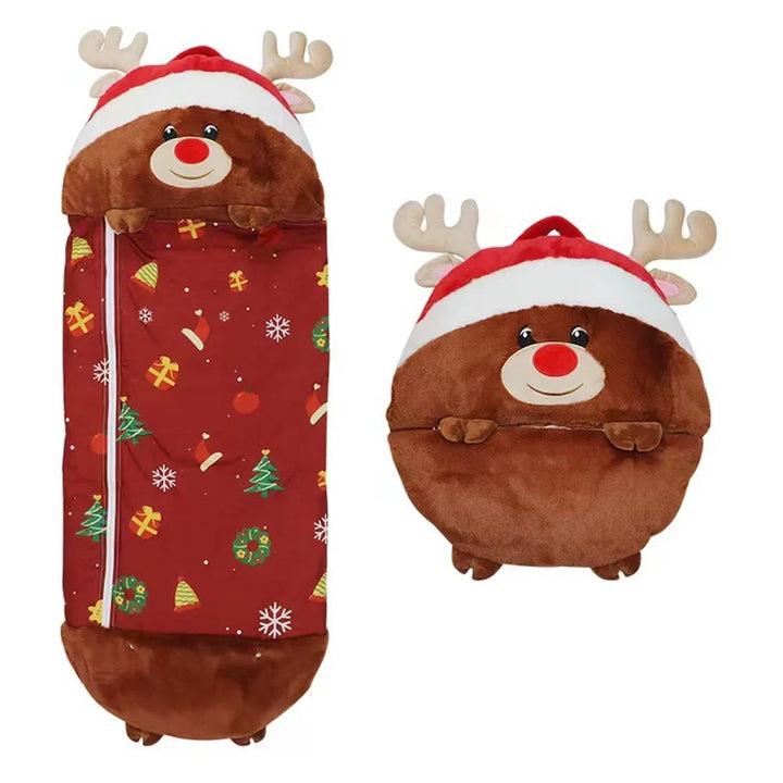 Plush animal sleeping bag and play pillow open for naptime