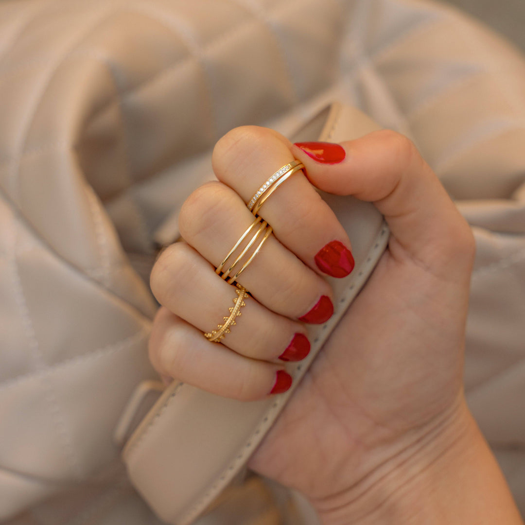 Gold women's double zirconia ring featuring sparkling crystals for a stackable look