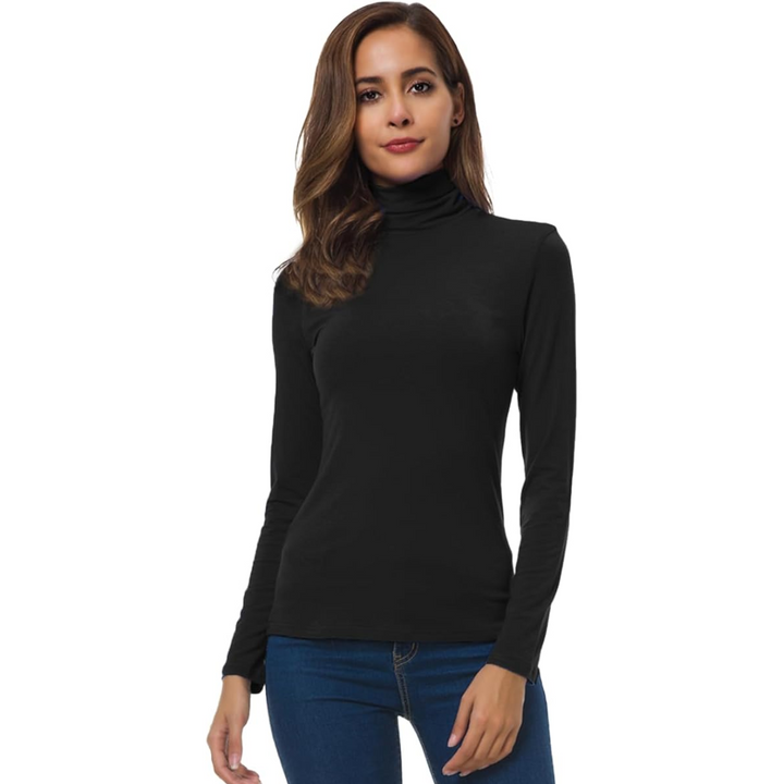 Lifestyle shot of a model wearing the comfortable womens turtleneck shirt