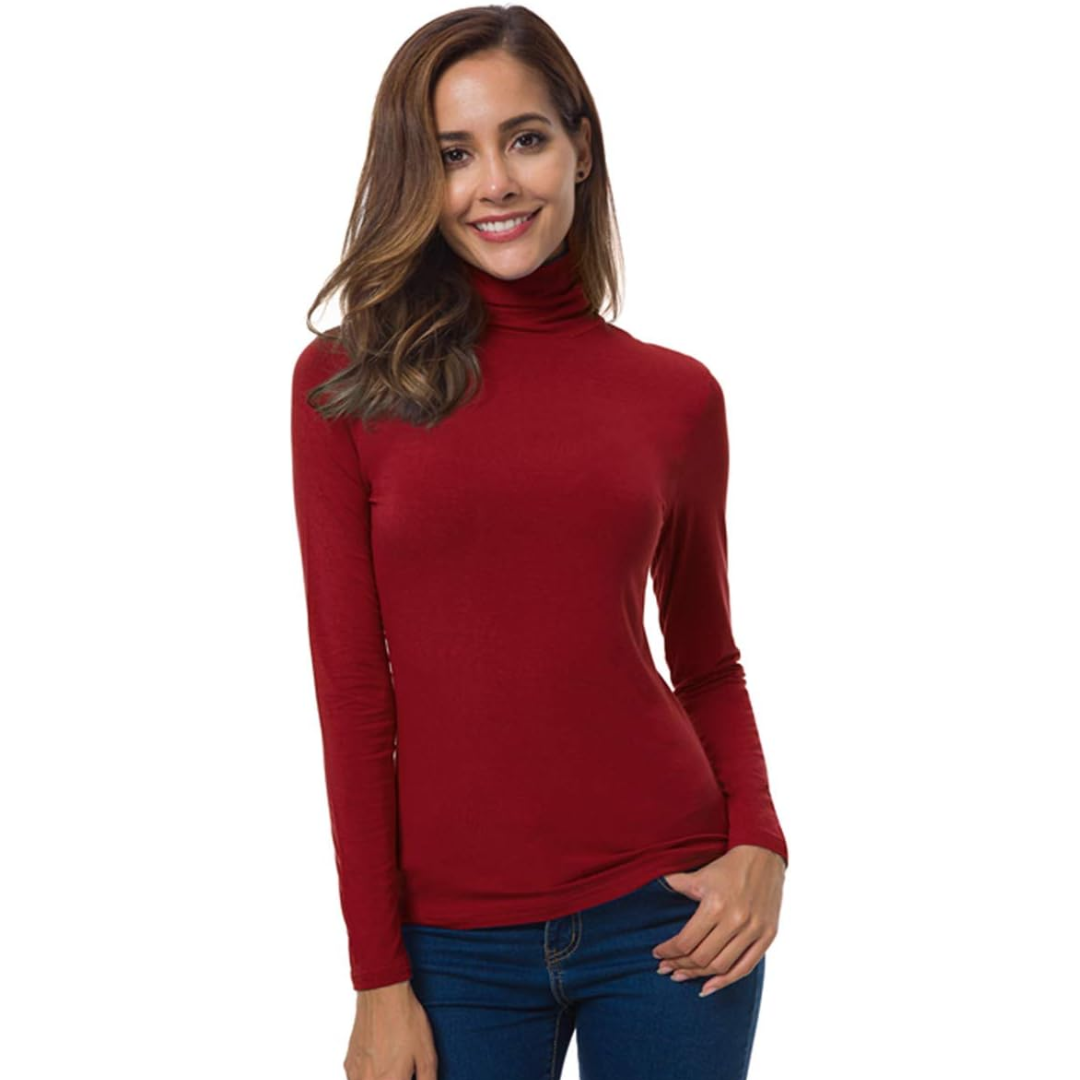 Smiling woman wearing a red slim fit turtleneck top facing forward