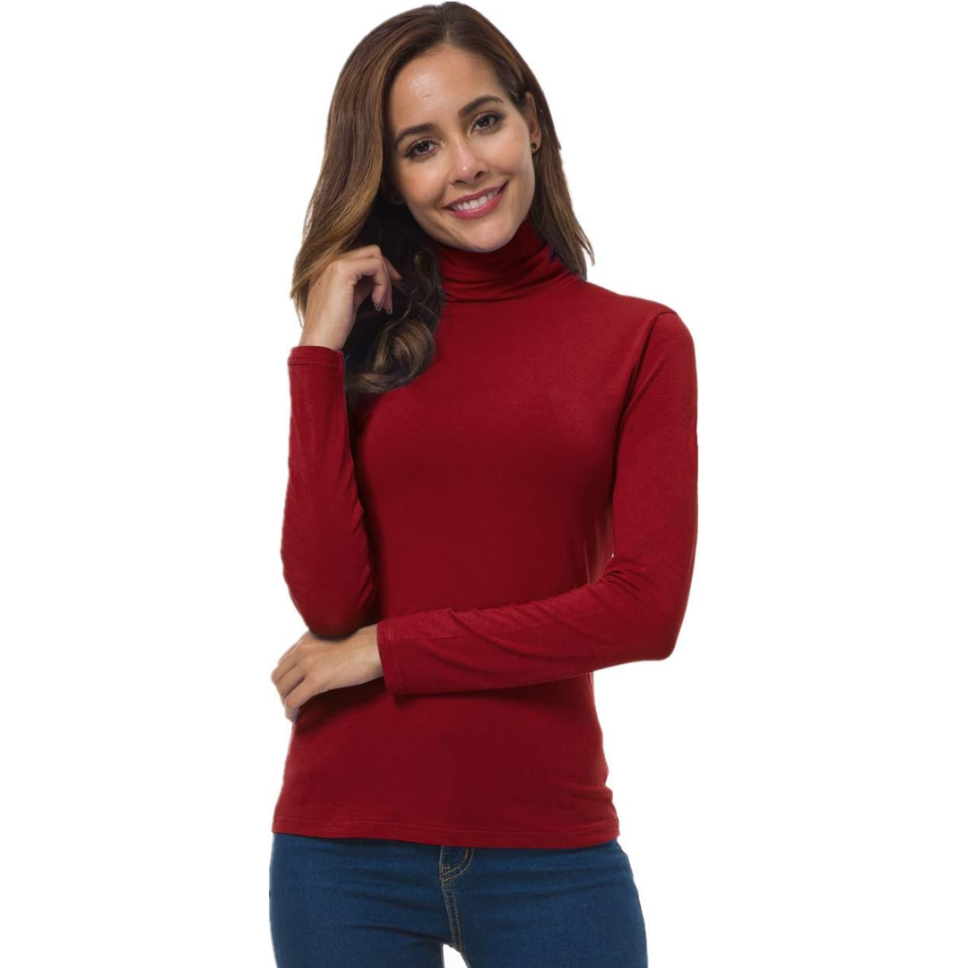 Woman posing in a red slim fit turtleneck top with hand near collar