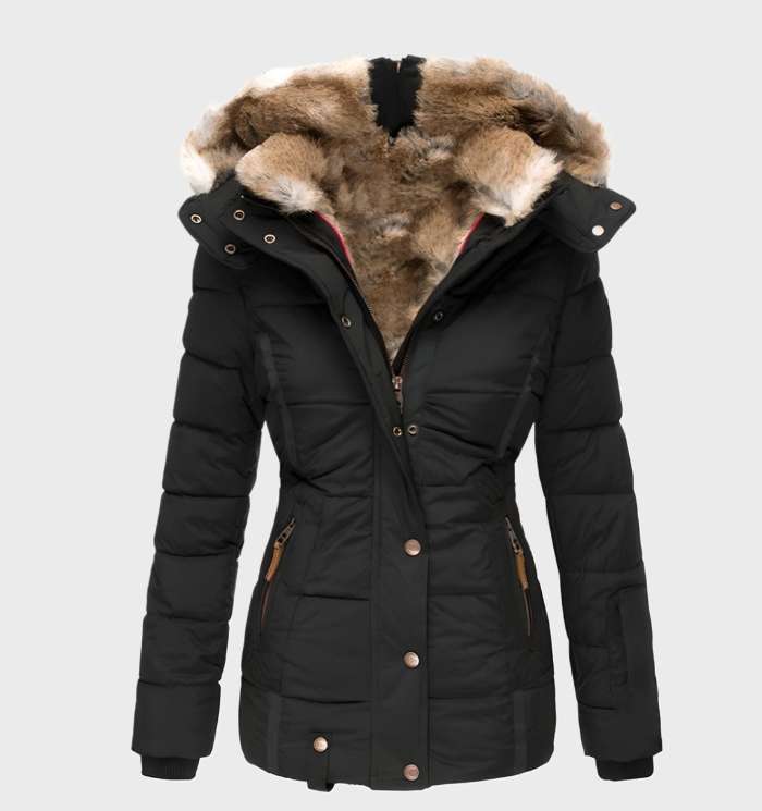Black women's slim fit winter jacket with fur hood