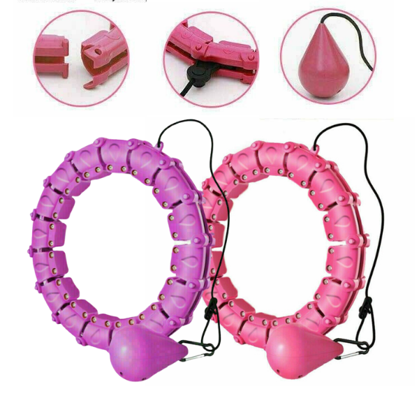 Pink and purple smart weighted hula hoops with detail callouts