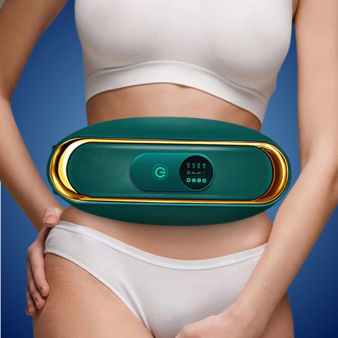 Model wearing green electric EMS slimming belt on waist