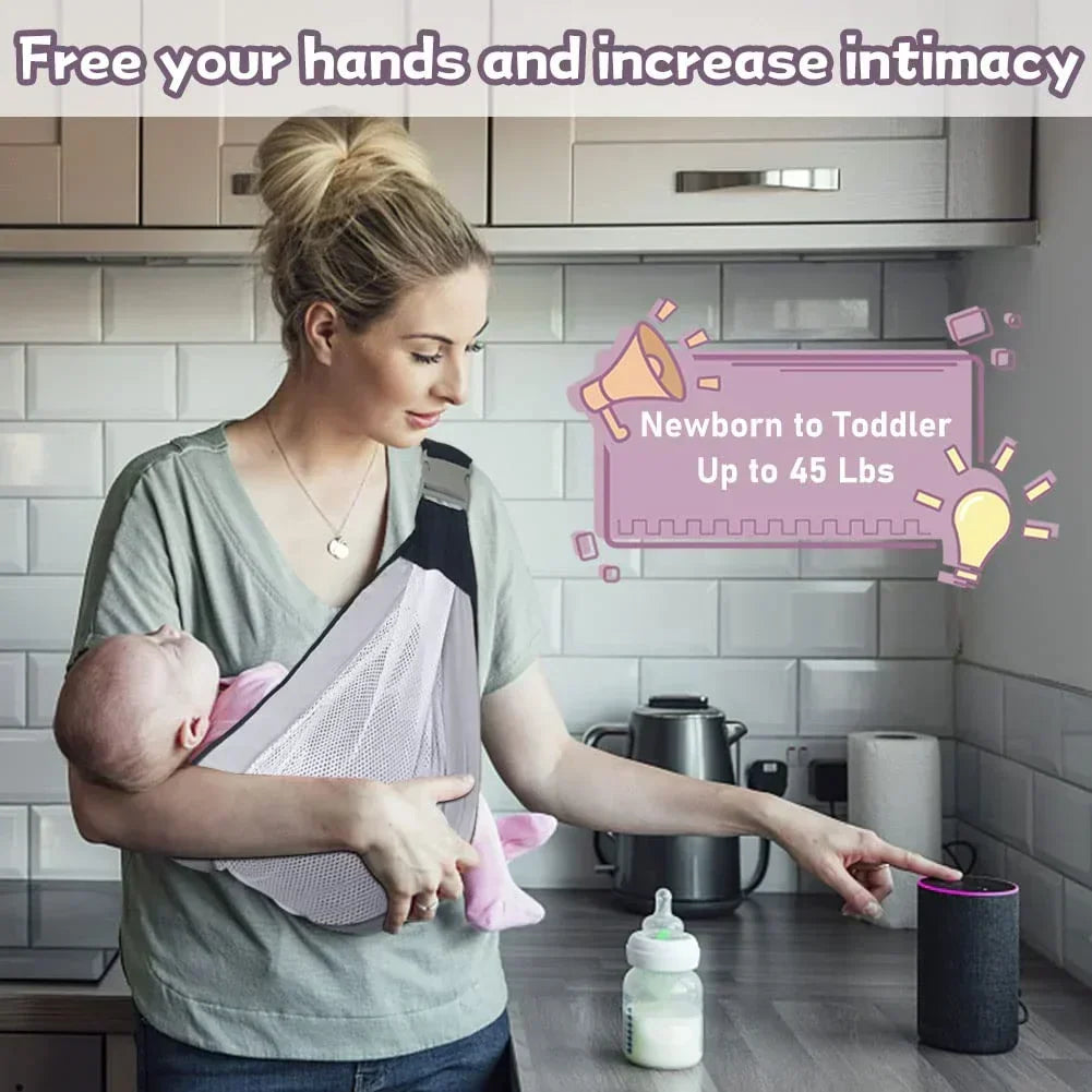 Parent wearing ergonomic infant sling for bonding and daily parenting tasks
